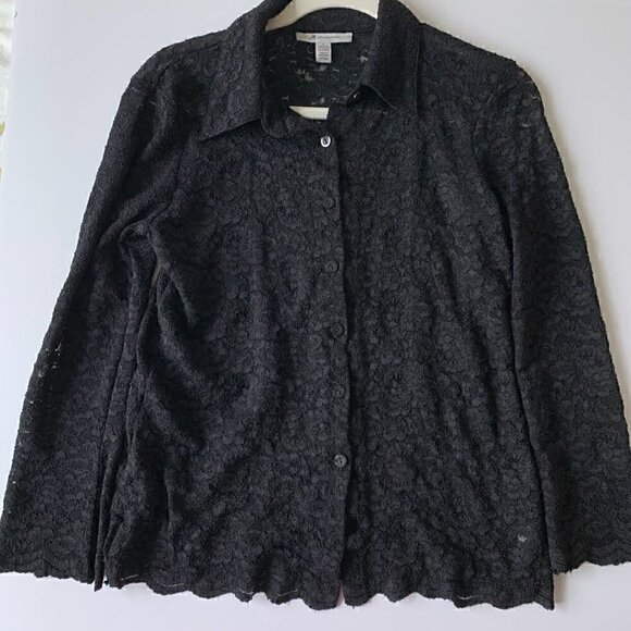 JM Collection Women Black Lace Button Down Scallop Hem Shirt, size Small - Picture 1 of 9